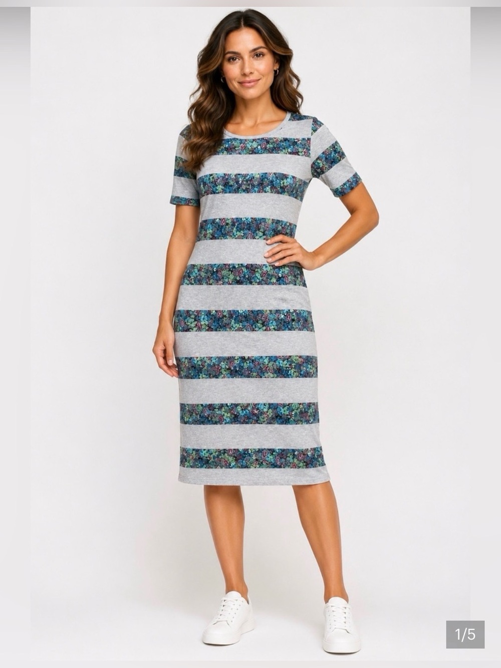 LuLaRoe Julia Dress M Teal Floral Stripe Bodycon Stretch Short Sleeve